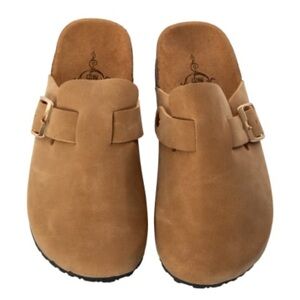 Brown Suede Clogs with Buckle